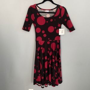 LuLaRoe Women’s S fuschia & Black flared Nicole NWT midi dress polka dots